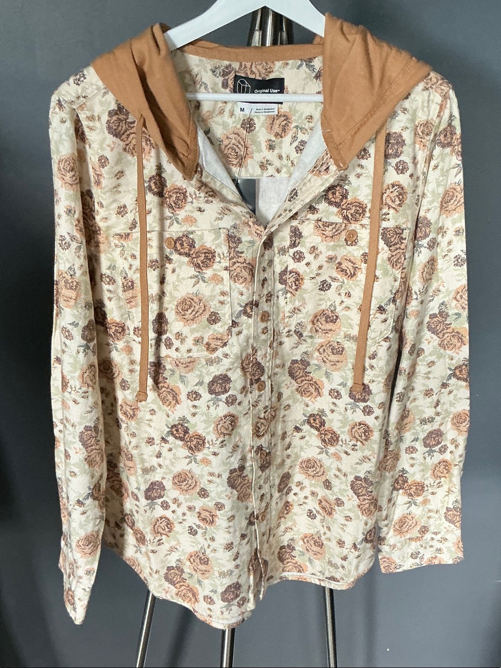Women’s Cream Floral Button-Up with Tan Hood